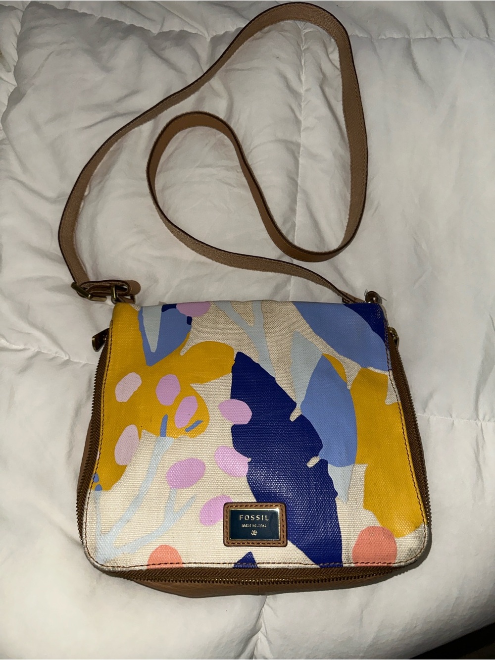 Fossil Multicolor Floral Canvas Crossbody with Tan Strap